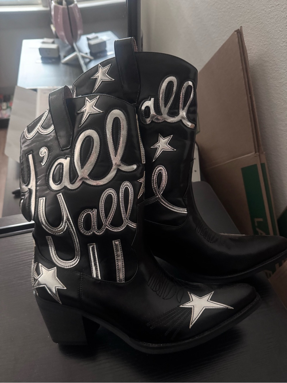 Miron Crosby-like Black Western Mid-Calf Heeled Boots Silver 'Y'all' Embroidery